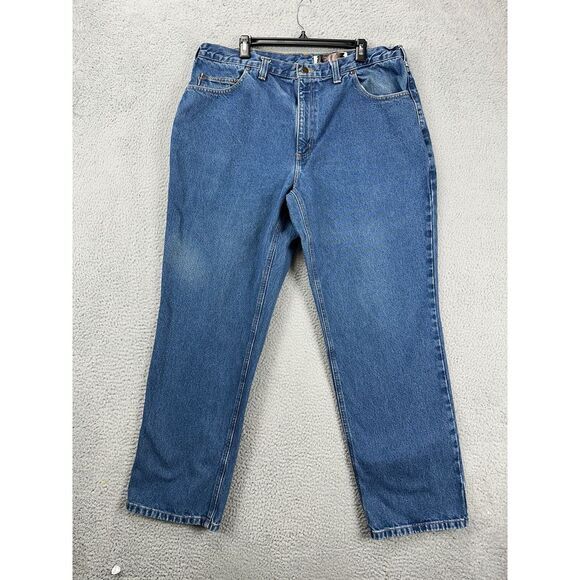 Carhartt Jeans Mens 40X32 Blue Relaxed Fit Straight Leg 5 Pocket Logo Denim Pant - Picture 2 of 7